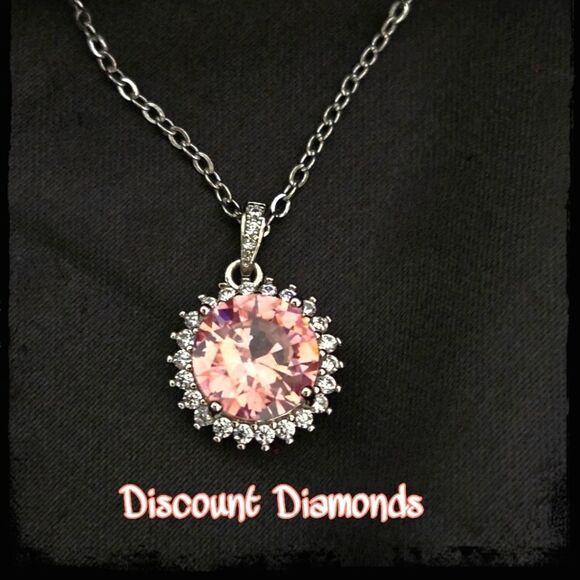 Pink Sapphire & Clear White Baguette Diamond Pendant 14K White Gold 925  - Picture 4 of 8